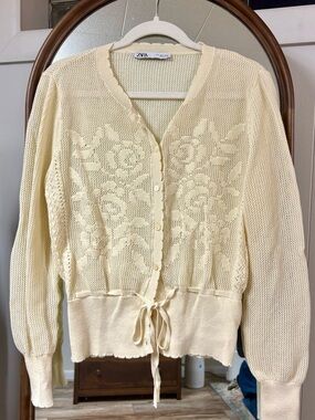 Zara Cream Floral Knit Cardigan with Waist Tie
